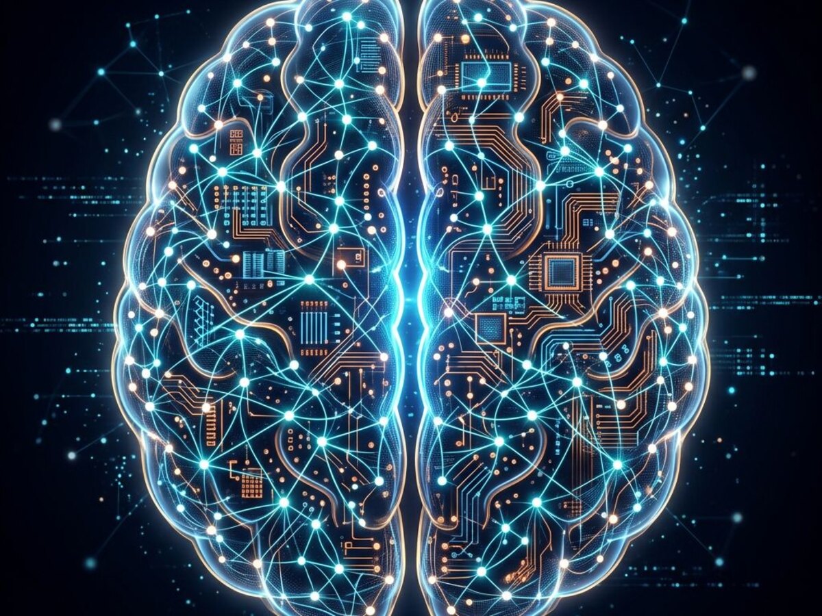 Digital brain — a luminous brain rendered as circuitry, with neural signal paths